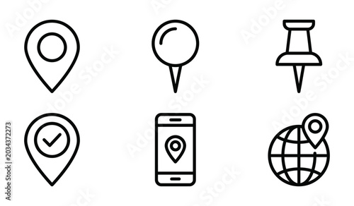 Outline icons for location services and navigation different pin styles a smartphone with a map pin globe