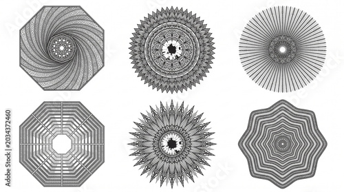 Collection of Six Geometric Mandala Patterns – Symmetrical Line Art Circular Designs for Graphic Design