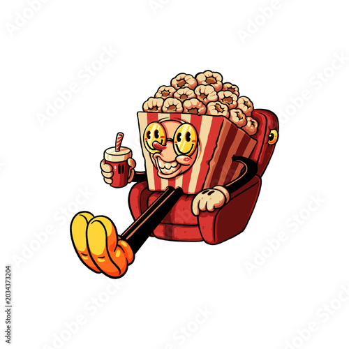 A retro cartoon illustration of a cheerful popcorn mascot sitting comfortably in a red cinema chair, happily holding a cup of soda with a straw, perfect for vintage movie theme designs.