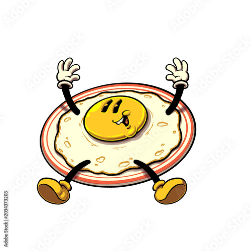 Illustration vintage cartoon sunny-side-up egg character on a plate, waving happily with its hands up. This retro mascot vector is ideal for breakfast diner menus, cafe branding, stickers, and apparel