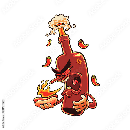 An angry, explosive hot sauce bottle cartoon character holding a flaming hot dog, surrounded by flying chili peppers. This vibrant vector illustration is perfect for fast-food logos, packaging