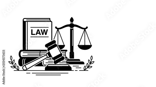 Tableau sur toile Black and white legal icon featuring a gavel scales of justice and law books