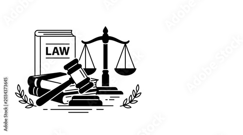 Cuadro en lienzo Black and white legal law illustration with judge gavel scales and book