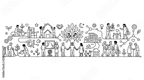 Canvastavla Black and white line art illustration depicting diverse people engaged in community and sustainable activities
