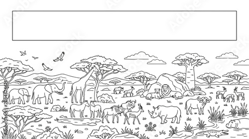 Photography Coloring page featuring diverse African savanna animals in their natural habitat