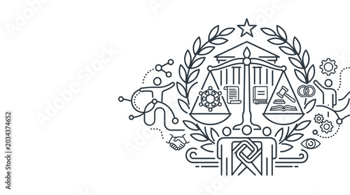 Tableau sur toile Conceptual illustration of law justice and business ethics with scale of justice icon