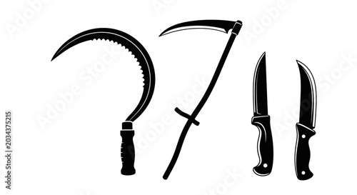 Fotografie Black silhouettes of scythe sickle and kitchen knives on white background
