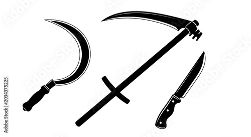 Quadro su tela Black silhouettes of scythe sickle and knife on white background tools and weapo
