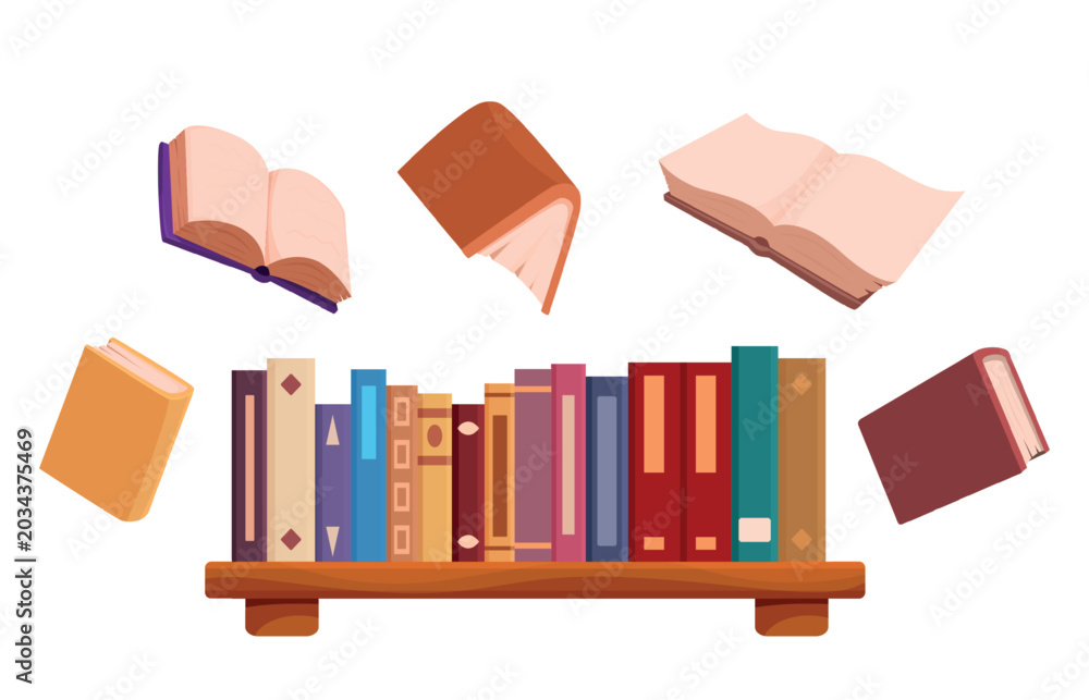 Obraz premium Cartoon book festival banner. Bookshelf with flying books around. Literature lesson, book lovers, library or bookstore. Educational sapid vector scene