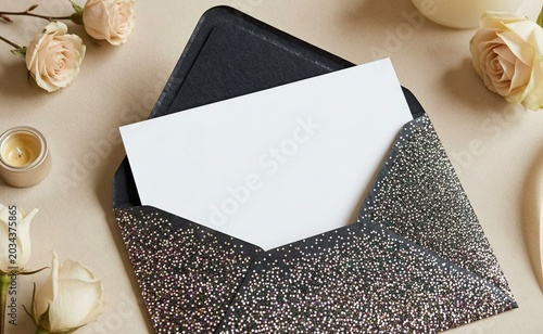 Black Glitter Envelope with White Card and Roses for Wedding Invitations
