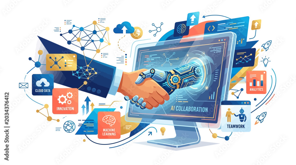 Fototapeta premium Human hand and robotic arm shake hands in front of computer screen with ai collaboration interface and various innovation icons