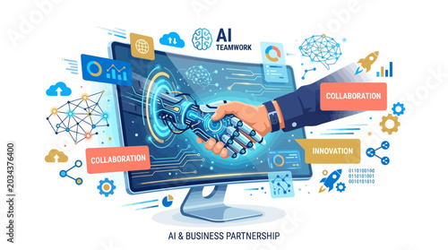 Robot and human hand shaking in front of computer screen with ai and business partnership graphics