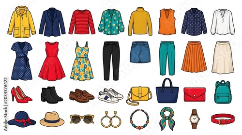 A colorful collection of fashion items and accessories on a white background