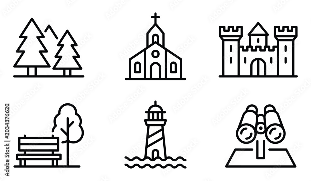 Fototapeta premium Vector icon set featuring nature buildings landmarks: trees church castle park bench lighthouse binoculars, building