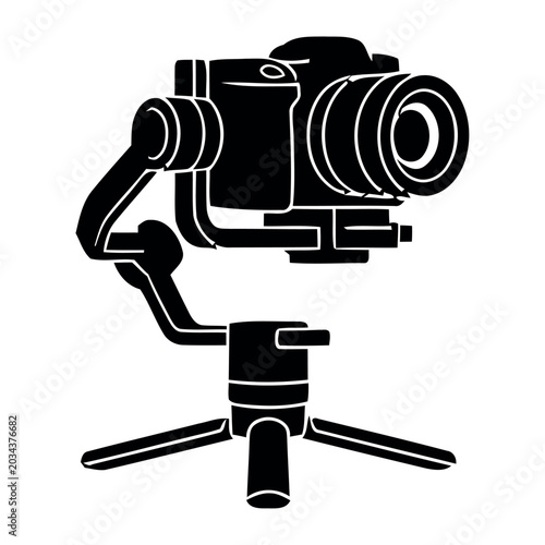 Photos DSLR camera mounted on a 3-axis gimbal stabilizer and mini tripod