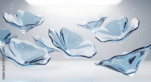 Abstract transparent blue flower shapes made of liquid floating in a bright studio representing purity and elegance for cosmetic or spa concepts