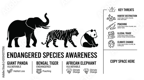 Schilderij op canvas Endangered species awareness infographic featuring an elephant tiger and panda silhouette