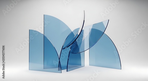 Abstract blue glass sculpture with curved and geometric shapes modern art installation for interior design and architectural concepts studio shot on gray background