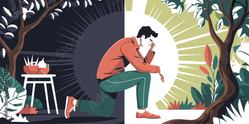 Foto Sad man in suit kneeling near sunburst and lush green forest representing emotional healing and mental growth