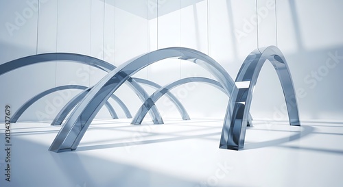 Abstract architectural arches in a minimalist white studio representing futuristic design and modern construction suitable for technology or corporate concepts