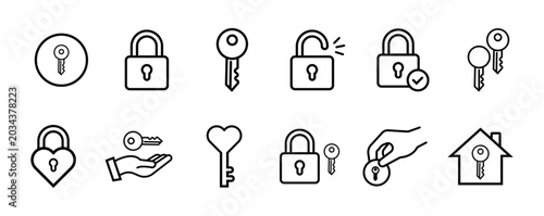 Set of security lock and key outline icons. access, password and login vector linear icon set. modern editable stroke vector style. vector illustration