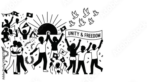 фотографія Group of diverse people celebrating unity and freedom with flags and doves