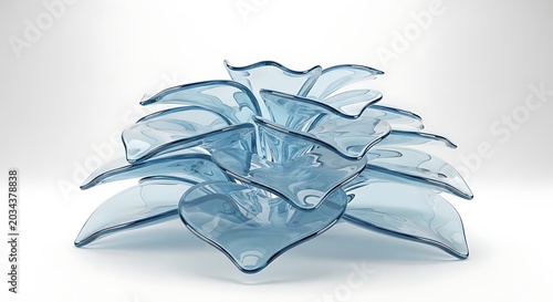 Abstract blue glass sculpture resembling a flower or lotus modern art piece with organic flowing shapes isolated on a clean white background