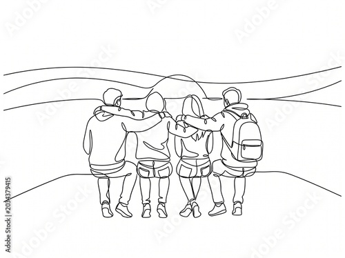 Minimalist continuous line drawing of diverse group holding hands in unity circle sketch style
