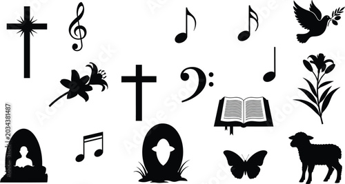 Φωτογραφία Set of black religious icons featuring crosses music notes dove lily bible sheep