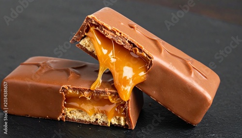 A rich dark chocolate bar breaking in half with molten caramel dripping out.
