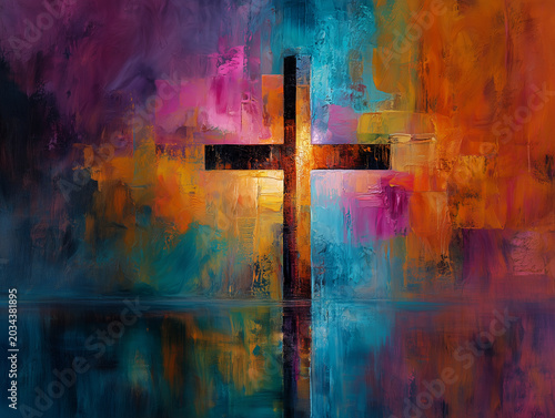 Christian cross reflecting in abstract colorful painting