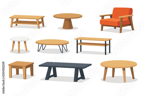 Vector illustration of a flat design furniture set including various wooden coffee tables, side tables, console tables, and a stylish orange armchair for home interior decor and layout.