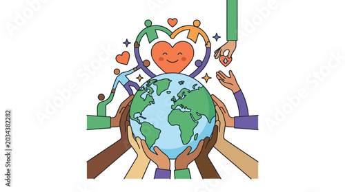 Tableau sur toile Diverse hands holding a global earth with a heart symbol.