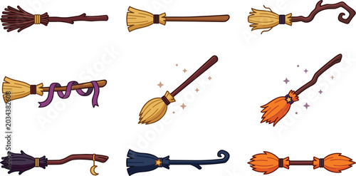 Photos Magic Witch Broomstick Vector Icon Set Featuring Whimsical Flying Brooms Ribbons