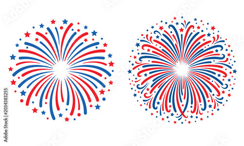 Two patriotic fireworks displays red white and blue starbursts vector illustration