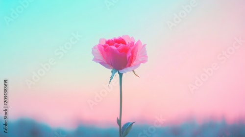 Beautiful pink rose stands alone against a pastel sky at sunset