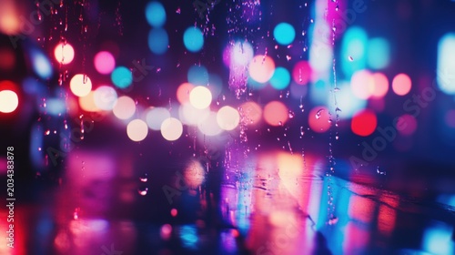 Bright lights shine on wet streets during a rainy night in the city