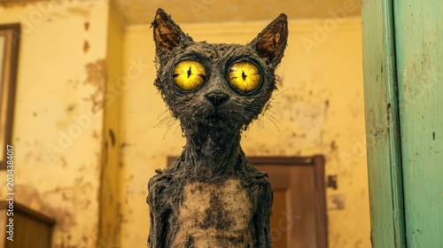 Cat with large yellow eyes stands in a worn room with peeling paint