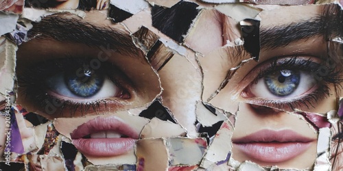 woman's face mosaic, each feature (eyes, lips, nose) made from ripped magazine photos