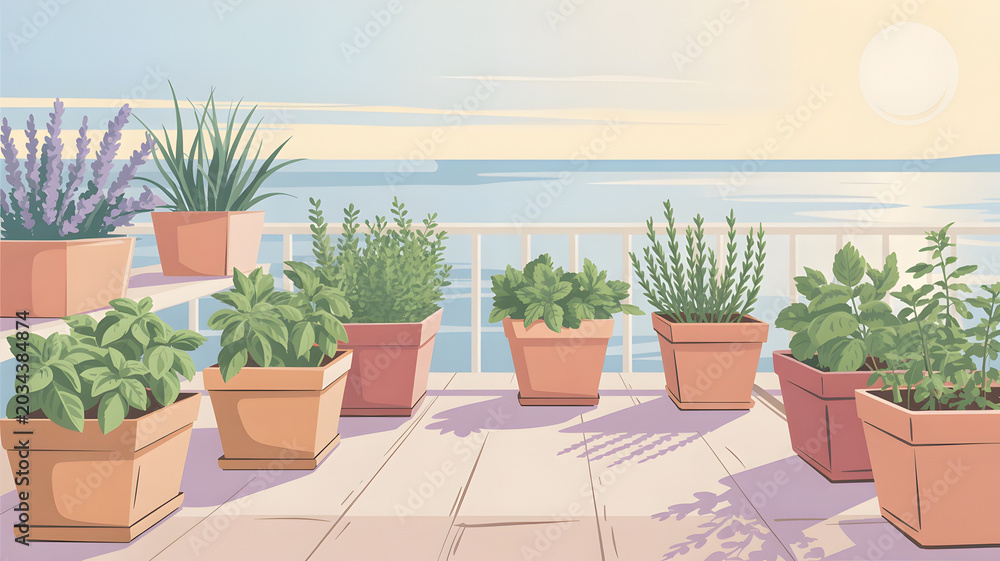 Fototapeta premium Herb garden on balcony overlooking ocean, sunny day, variety of potted plants.