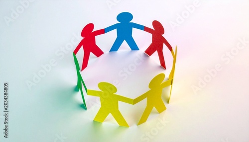 Colorful Paper Cutout Figures Holding Hands in Circle Symbolizing Unity, Diversity, Cooperation, Teamwork, and Community Strength