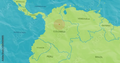 graphic motion video of an earth waves concentric lines into a Colombian map of an earthquake epicenter composition concept