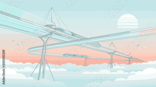 Modern high-speed transportation of the future, a monorail system above soft clouds at sunset. Ideal for technology, travel, and innovation concepts.