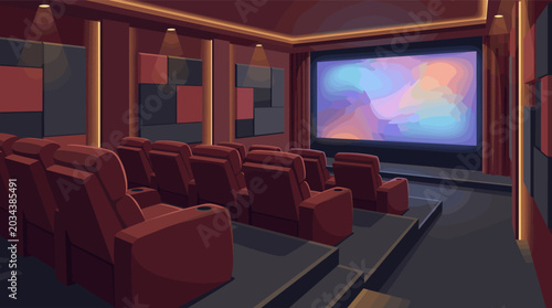 Modern vector illustration of an empty cinema hall with comfortable red seats, vibrant screen, and warm lighting. Ideal for entertainment, events, and leisure concepts.