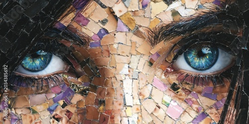 woman's face mosaic, each feature (eyes, lips, nose) made from ripped magazine photos