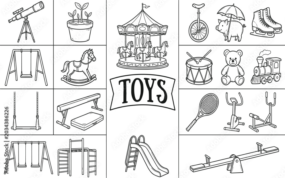 Obraz premium Vector set of minimalist Ferris wheel line icons and silhouettes for amusement park and carnival graphic design.eps,