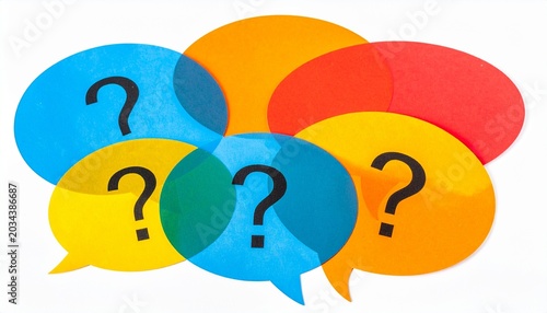 Colorful Speech Bubbles with Question Marks Symbolizing Curiosity, Inquiry, Problem Solving, Discussion, and Knowledge Exploration