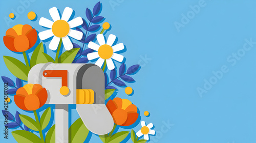 Cute mailbox with flowers and mail on light blue background.