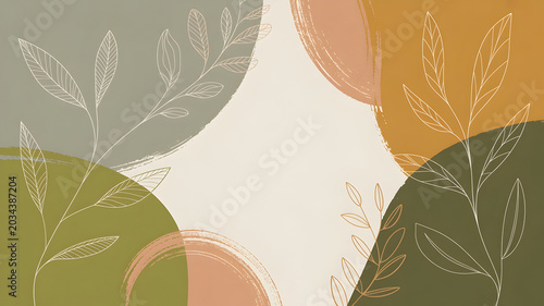 Abstract background with organic shapes and botanical line art pastel colors muted earth tones natural elements leaves and branches soft colors.