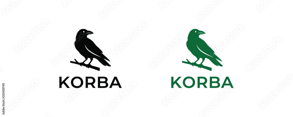 Fototapeta premium Korba logo template featuring black and green raven bird silhouette perched on branch for modern brand identity design.